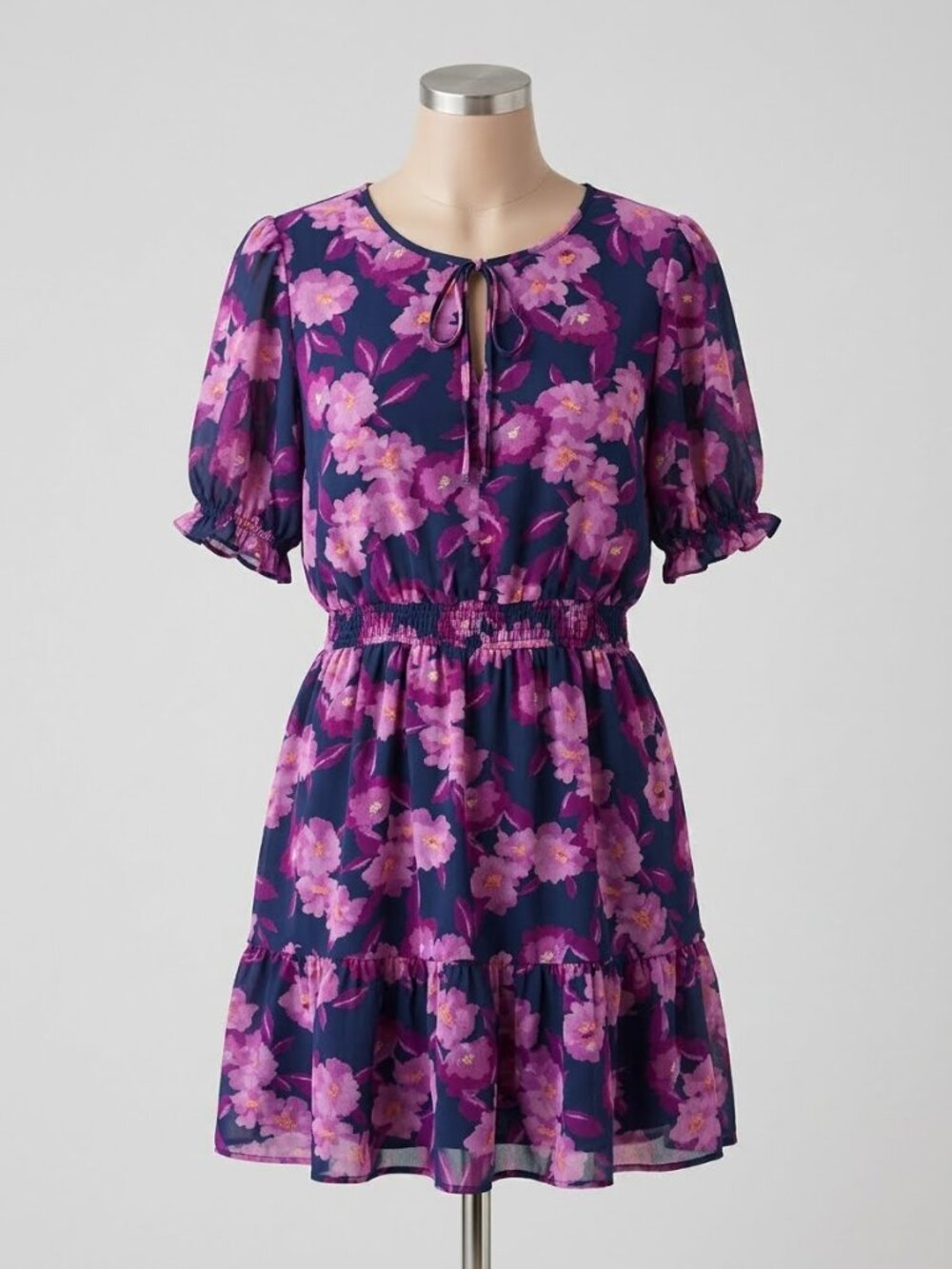 Draper James Puff Sleeve Fit & Flare Mini Dress Navy Purple Floral Size XL